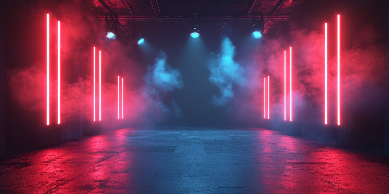 Vibrant neon-lit studio space with colorful smoke and dramatic lighting effects at nighttime